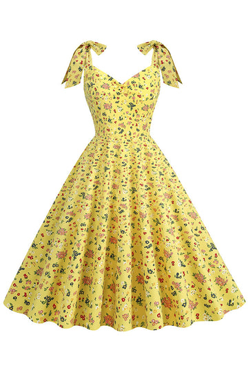 Amarelo estampado sem mangas correias vestido vintage